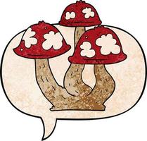 cogumelos de desenho animado e bolha de fala no estilo de textura retrô vetor