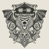 ilustração cabeça de lobo baddas com caveira com ornamento de gravura vetor