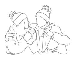 ilustração em vetor linha arte do par de amantes. pares de amantes bebem café. conceito de apoio, cuidado e amor.