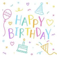bonito feliz aniversário confete colorido rosa azul verde laranja roxo violeta amarelo doodle cor do arco-íris fundo branco borda moldura cartão convite quadrado ícone ilustração vetorial