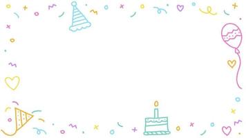 bonito feliz aniversário confete colorido rosa azul verde laranja roxo violeta amarelo doodle cor do arco-íris fundo branco borda moldura cartão convite retângulo ícone ilustração vetorial vetor
