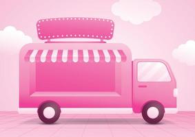caminhão rosa pastel feminino com vitrine para colocar seu objeto e sinalização de lâmpada no chão rosa doce e vetor de ilustração 3d do céu