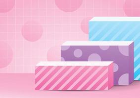 caixa de exibição pastel feminina fofa vetor de ilustração 3d com gráfico de geometria na parede rosa doce e fundo do chão para colocar seu objeto