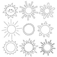 conjunto de sol dos desenhos animados doodle. ilustração de arte de linha vetorial, logotipo, página para colorir infantil.