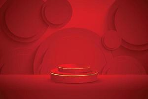 pódio vermelho e borda de ouro moderna com um fundo de elemento de círculo em relevo vermelho. ilustração em vetor abstrato mostrando uma forma 3d para colocar um produto com espaço de cópia.