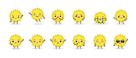 definir caracteres emoji de sol de verão. planeta mascote com rostos e mãos vetor