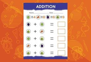 adição com frutas diferentes para crianças. uma planilha educacional para crianças. desenho vetorial vetor