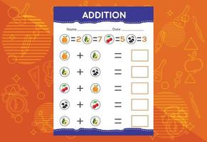 adição com frutas diferentes para crianças. uma planilha educacional para crianças. desenho vetorial vetor