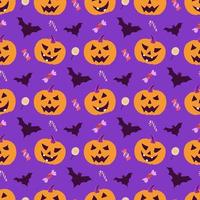 abóboras com raiva com doces e morcegos, padrão vetorial sem costura para halloween em estilo desenhado à mão em fundo roxo vetor