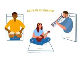 concerto de música online ou conceito de festa. pessoas em smartphones tocando música, cantando. homem tocando tambor bongo, melodica, menina tocando ukulele. ilustração vetorial. vetor
