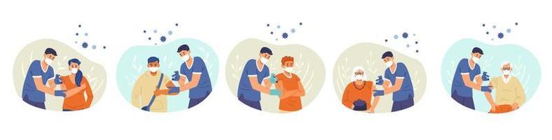 vacinação contra coronavírus conjunto de ilustrações vetoriais de ponto plano. diferentes homens e mulheres recebendo vacinas. vetor