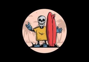 pequena caveira segurando um design de ilustração de prancha de surf vetor