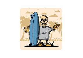 pequena caveira segurando um design de ilustração de prancha de surf vetor