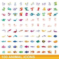 conjunto de 100 ícones de animais, estilo cartoon vetor