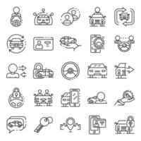 conjunto de ícones de compartilhamento de carro, estilo de estrutura de tópicos vetor