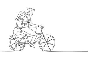 uma linha contínua desenhando casal romântico. casal feliz está andando de bicicleta juntos. conceito de família feliz. intimidade comemora aniversário de casamento. ilustração gráfica de vetor de desenho de linha única