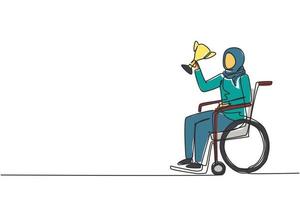 único desenho de uma linha jovem árabe em cadeira de rodas segure o pódio do vencedor do troféu da taça de ouro. pessoa com deficiência. competição de jogos de torneio, treinamento esportivo. vetor de design de desenho de linha contínua