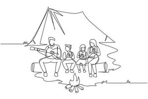 único desenho de linha contínua aventura alpinista família acampar com fogueira. bebendo chá quente sentado em troncos. pai tocando violão e cantando música com criança. ilustração vetorial de design de desenho de uma linha vetor