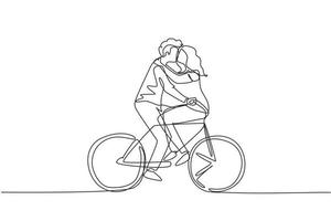 única linha contínua desenhando casal ativo andando de bicicleta juntos. feliz apaixonado homem e mulher ciclista abraçando sentindo amor. pessoas sorridentes desfrutando de atividades ao ar livre. vetor gráfico de desenho de uma linha