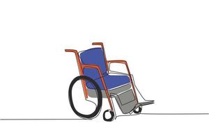 cadeira de rodas de desenho contínuo de uma linha para pessoas com deficiência. dispositivo de transporte de carrinho de passeio vazio. objeto de terapia de saúde desenhado à mão. ilustração gráfica de vetor de desenho de linha única