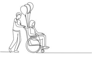 único conceito de cena de pessoas com deficiência de desenho de linha. homem carrega mulher com deficiência em cadeira de rodas. acessibilidade, reabilitação de pessoa inválida, atividades de pessoas. vetor de design de desenho de linha contínua