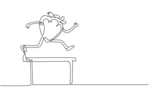 único desenho de uma linha órgão de coração engraçado é executado em obstáculo. treino de órgão cardíaco, esporte, fitness, corrida cardio, conceito de personagem de resistência. ilustração em vetor gráfico de desenho de linha contínua moderna