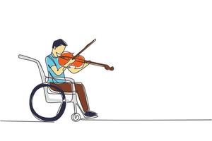 única deficiência de desenho de linha contínua e música. homem em cadeira de rodas toca violino. deficiente físico, ferido. pessoa no hospital. paciente do centro de reabilitação. vetor de design de desenho de uma linha