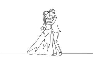 única linha contínua lindo casal em pose romântica. homem feliz abraçando sua mulher parceira com vestido de noiva. intimidade celebra festa de casamento. uma linha desenhar ilustração em vetor design gráfico