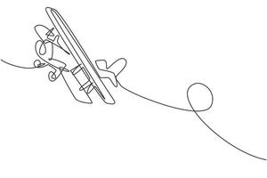 contínua de uma linha desenhando modelos de aviões antigos. aeronaves retrô com ícone de hélice. planos monoplanos e biplanos. transporte aéreo. ilustração gráfica de vetor de desenho de linha única