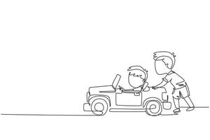 desenho de uma linha contínua um menino está empurrando o carro de seu amigo na estrada. as crianças brincam com o carro de brinquedo grande juntos. irmão se divertindo no quintal. ilustração gráfica de vetor de desenho de desenho de linha única