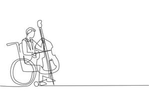 contínua uma linha de desenho jovem bonito sentado na cadeira de rodas toca violoncelo em concerto. deficiência e música clássica. Deficiente físico. pessoa no hospital. vetor de design de desenho de linha única