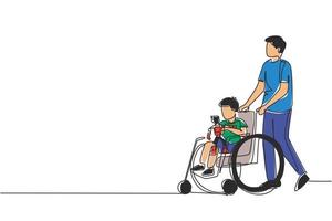 único centro de reabilitação de desenho de linha para crianças. pai cuida do menino. papai feliz ajuda crianças com deficiência em cadeira de rodas segurando brinquedo robô. vetor de design de desenho de linha contínua