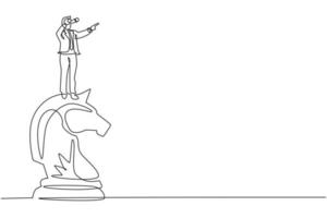único empresário de desenho de linha em cima da peça de xadrez de cavalo grande usando telescópio procurando sucesso, oportunidades, tendências futuras de negócios. ilustração em vetor gráfico de desenho de linha contínua