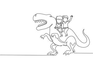 contínuo um desenho de linha menino e menina homem das cavernas montando t-rex tiranossauro juntos. crianças sentadas nas costas do dinossauro. crianças da idade da pedra. vida humana antiga. gráfico de vetor de design de desenho de linha única