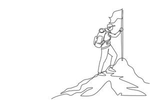 alpinista de desenho de linha contínua de uniforme com bandeira no pico de montagens nevadas. alpinista de homem feliz alcançou o cume de montagens, apreciando a vista pitoresca. ilustração gráfica de vetor de desenho de linha única