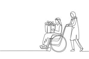 único desenho de uma linha árabe feminino e masculino deficiente em cadeira de rodas. mulher às compras e dar caixa de presente para o homem. reabilitação de deficientes, assistência a pessoas inválidas. vetor de design de desenho de linha contínua