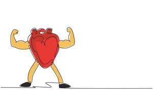 único desenho de uma linha órgão do coração humano forte e saudável. coração com bíceps duplo, fisiculturista. esporte e fitness para a saúde. ilustração em vetor gráfico de desenho de linha contínua moderna