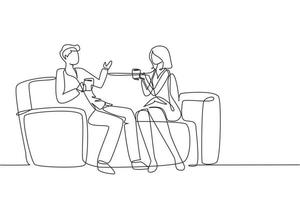 único desenho de uma linha casal romântico sentado no sofá, conversando e tomando café. homem e mulher vivendo juntos em romance de apartamento e conceito de amor. vetor gráfico de desenho de desenho de linha contínua