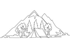 único desenho de uma linha, dia de acampamento de verão e pôsteres do pôr do sol. banners com montanhas, árvores, barraca e fogueira. escalada, caminhadas, trekking esportes. ilustração em vetor design de desenho de linha contínua