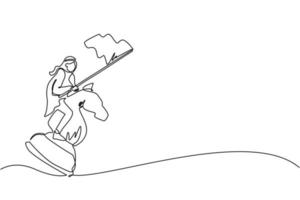 desenho de linha contínuo empresário árabe montando cavaleiro de cavalo de xadrez grande e segurando bandeira, estratégia, movimento competitivo e estratégico no conceito de negócio. ilustração vetorial de desenho de linha única vetor