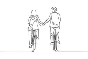 desenho de uma linha contínua casal árabe feliz andar de bicicleta no prado de volta para a câmera e de mãos dadas. homem e mulher apaixonados. feliz casal romântico. gráfico de vetor de design de desenho de linha única