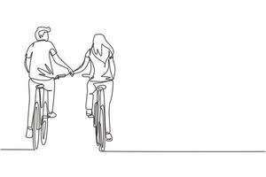 único desenho de uma linha casal feliz anda de bicicleta no prado de volta para a câmera e de mãos dadas. jovem e mulher apaixonada. feliz casal romântico. vetor gráfico de desenho de desenho de linha contínua