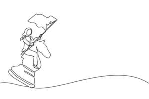 desenho de uma linha contínua empresária árabe montando cavaleiro de cavalo de xadrez grande e segurando bandeira, estratégia, movimento competitivo e estratégico no conceito de negócio. ilustração vetorial de desenho de linha única vetor
