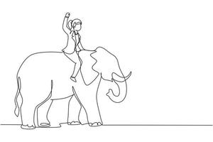 contínuo um desenho de linha empresária montando elefante símbolo de sucesso. conceito de metáfora de negócios, olhando para o objetivo, realização, liderança. ilustração gráfica de vetor de desenho de linha única