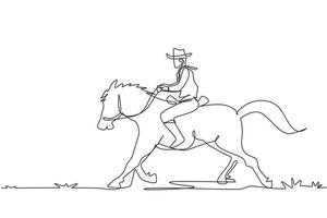 uma linha contínua desenhando o oeste selvagem e o deserto com cavalo de equitação de cowboy. mustang e pessoa ao ar livre ao pôr do sol. ícone ou logotipo de cowboy e cavalo. ilustração gráfica de vetor de desenho de linha única