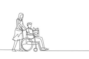 único assistente social de desenho de linha ajudando o velho na cadeira de rodas com compras de supermercado. voluntária feminina cuidando e andando com homem sênior com deficiência para armazenar. vetor de design de desenho de linha contínua