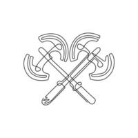 única linha contínua desenhando dois machados largos cruzados, machado medieval, machado de batalha, machado de carrasco. elemento para madeira ou lenhador emblema ou ícone. uma linha desenhar ilustração em vetor design gráfico