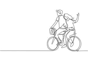 uma linha contínua desenhando casal romântico se divertindo no encontro andando de bicicleta. vista traseira do casal adolescente romântico andar de bicicleta. jovem e mulher apaixonada. gráfico de vetor de design de desenho de linha única