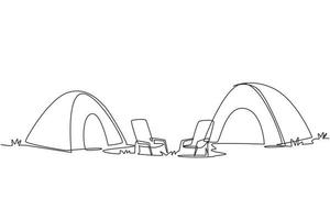 única paisagem de acampamento de desenho de linha no terreno do acampamento. par de tendas com duas cadeiras na floresta na grama. acampamento de verão na natureza. ecoturismo. ilustração em vetor design de desenho de linha contínua