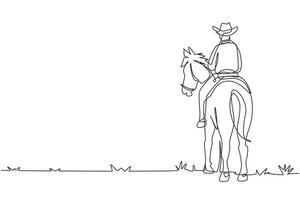 única linha contínua desenho cowboy cavalos no deserto na placa de madeira. mustang e pessoa ao ar livre ao pôr do sol. ícone ou logotipo de cowboy e cavalo. uma linha desenhar ilustração em vetor design gráfico